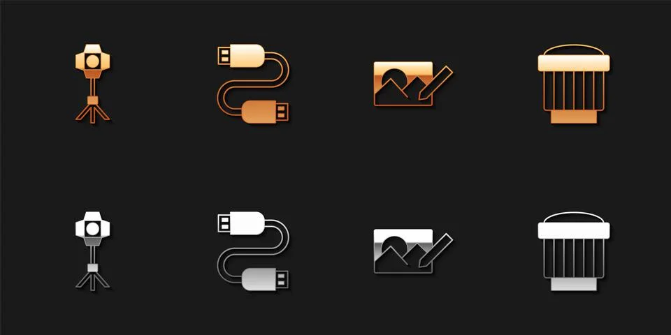 Set Softbox light, USB cable cord, Photo retouching and Camera photo lens icon Stockillustratie