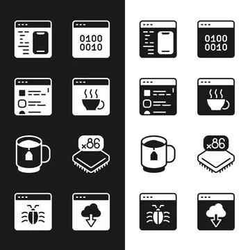 Set Software, Browser files, Binary code, Cup tea with tea bag, Processor m.. 스톡 일러스트