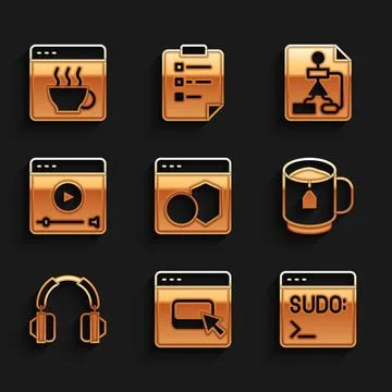 Set Software, Browser files, Code terminal, Cup tea with tea bag, Headphones Stock-Illustration