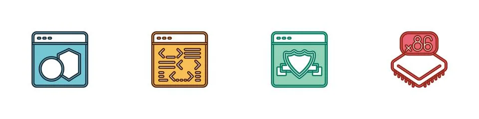 Set Software, , Browser with shield and Processor microcircuits CPU icon. Vector Illustrazione stock