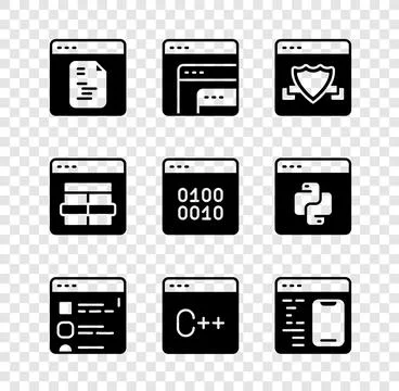 Set Software, Browser with shield, files, MySQL code and Binary icon. Vector Stock Illustration