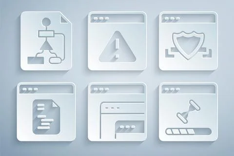Set Software, Browser with shield, Loading data window, exclamation mark and Stock Illustration