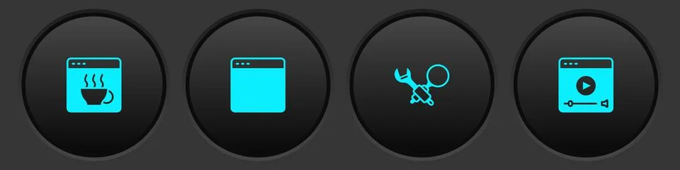 Set Software, Browser window, Debugging and Online play video icon. Vector Illustrazione stock