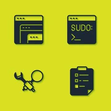 Set Software, Clipboard with checklist, Debugging and Code terminal icon. V.. Stock Illustration