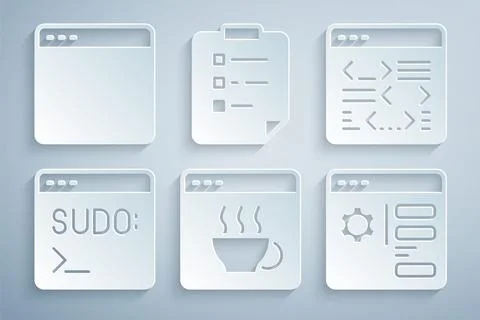 Set Software, Code terminal, Browser setting, Clipboard with checklist and Stock-Illustration