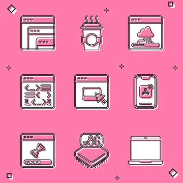 Set Software, Coffee cup to go, Cloud technology data transfer, Browser files Stock Illustration