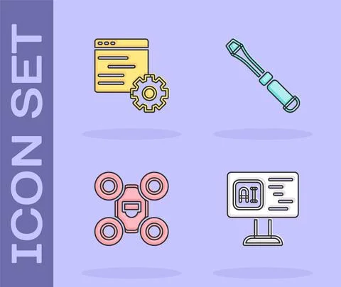 Set Software, Computer api interface, Drone and Screwdriver icon. Vector Stock Illustration