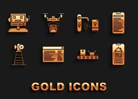 Set Software, Computer api interface, Smart home, Conveyor belt with cardboard Stock Illustration