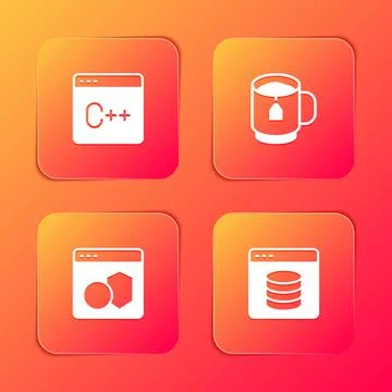 Set Software, Cup tea with tea bag,  and Server, Data, Web Hosting icon. Vect Illustrazione stock