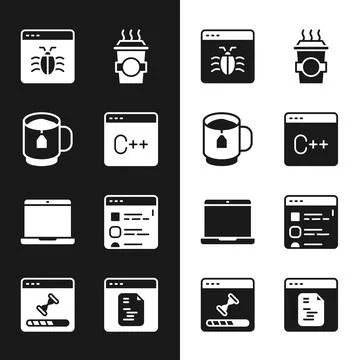 Set Software, Cup tea with tea bag, System bug, Coffee cup to go, Laptop Illustrazione stock