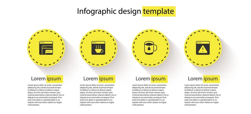 Set Software, , Cup tea with tea bag and Browser exclamation mark. Business Illustrazione stock