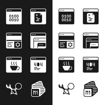 Set Software, Debugging, Binary code, Page with 404 error, Processor and icon Illustrazione stock