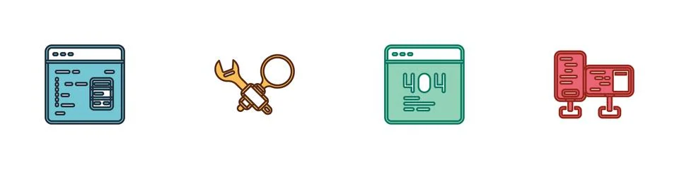 Set Software, Debugging, Page with 404 error and Computer monitor screen icon Ilustración de archivo