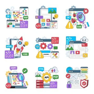 Set of Software Development Flat Illustrations Stock Illustration