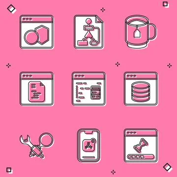 Set Software, Flowchart, Cup tea with tea bag, Server, Data, Web Hosting Illustrazione stock