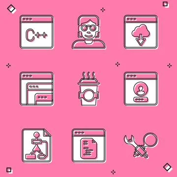 Set Software, Hacker or coder, Cloud technology data transfer, Coffee cup t.. Illustrazione stock