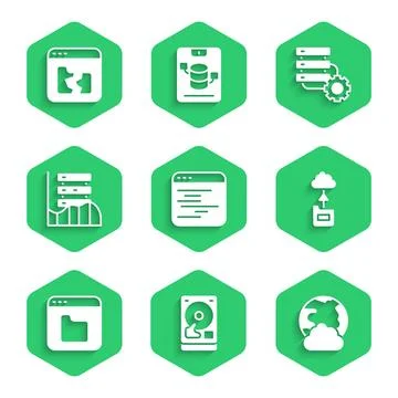 Set Software, Hard disk drive HDD, Social network, Cloud technology data Stock Illustration