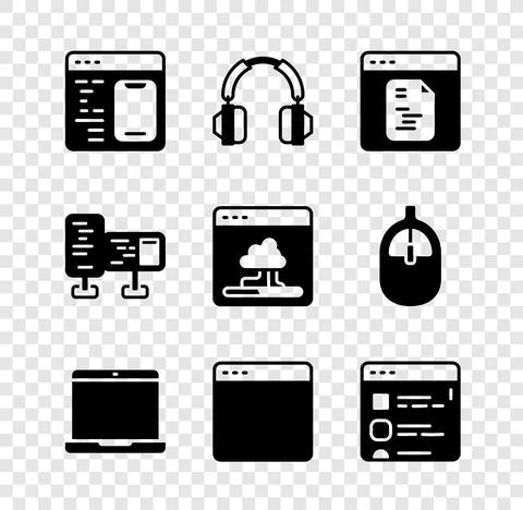 Set Software, Headphones, Laptop, Browser window, files, Computer monitor screen Stock Illustration