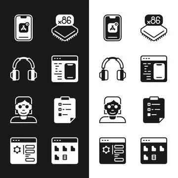 Set Software, Headphones, Mobile Apps, Processor with microcircuits CPU, Ha.. Illustrazione stock