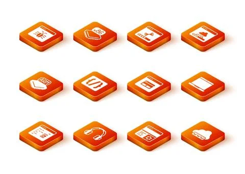 Set Software, Headphones, Processor, Programming language syntax, Debugging.. Stock Illustration