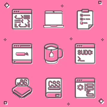 Set Software, Laptop, Clipboard with checklist, Search engine, Cup tea tea bag Stock Illustration