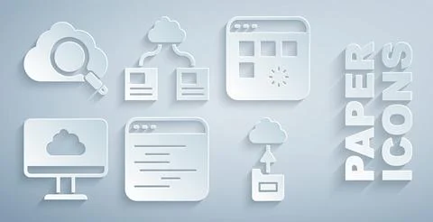 Set Software, Loading data window, Cloud technology transfer, and Search cloud Illustrazione stock