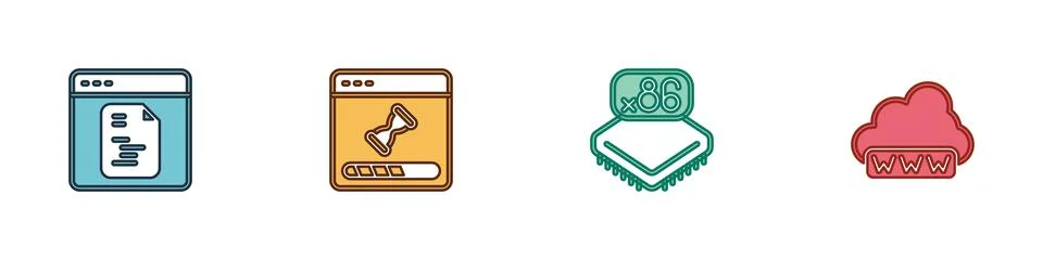 Set Software, Loading data window, Processor with microcircuits CPU and Web Illustrazione stock