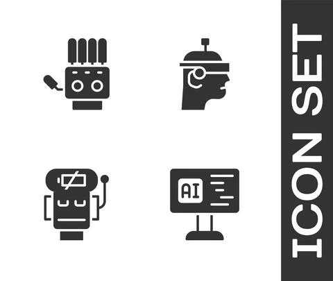 Set Software, Mechanical robot hand, Robot low battery charge and Smart glasses Stock Illustration