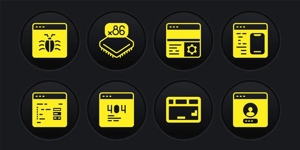 Set Software, Page with 404 error, Keyboard, Debugging, Processor microcircuits Stock-Illustration