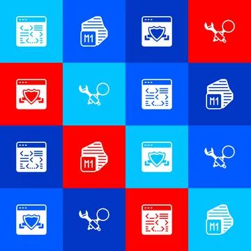 Set Software, Processor, Browser with shield and Debugging icon. Vector Stock-Illustration
