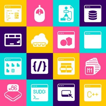 Set Software, Processor, Browser window, Flowchart, Web development, Keyboard Illustrazione stock