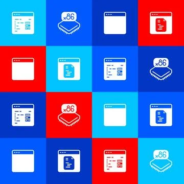 Set Software, Processor with microcircuits CPU, Browser window and icon. Vector Illustrazione stock