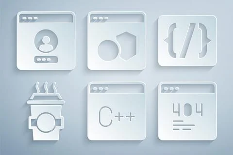 Set Software, Programming language syntax, Coffee cup to go, Page with 404 .. Stock Illustration