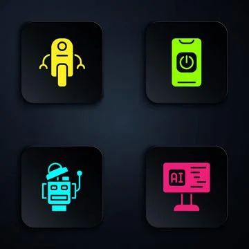 Set Software, Robot, and Turn off robot from phone. Black square button. Vector Illustrazione stock