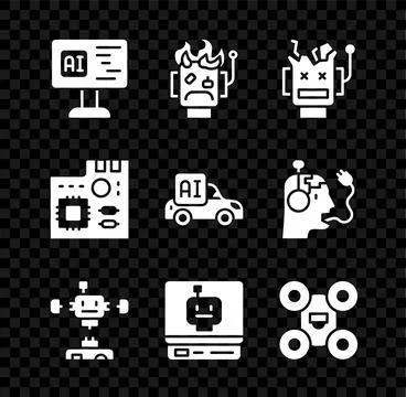 Set Software, Robot burned out, Broken robot, Disassembled, Drone, Motherboard 库存插图