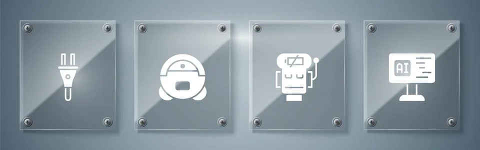 Set Software, Robot low battery charge, vacuum cleaner and Electric plug. Square Stock Illustration