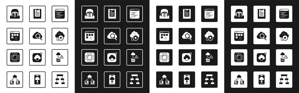 Set Software, Search cloud computing, Loading data window, Hangar with server Illustrazione stock