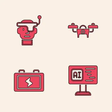 Set Software, Smart glasses, Drone and Battery icon. Vector Illustrazione stock