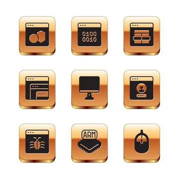 Set Software, System bug, Processor, Computer monitor screen, MySQL code, mouse 스톡 일러스트