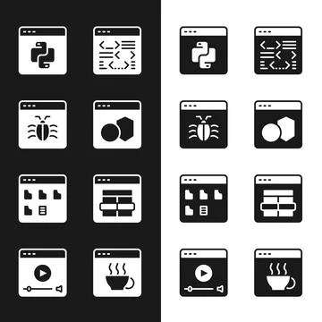 Set Software, System bug, Python programming language, Browser files, MySQL code Stock Illustration