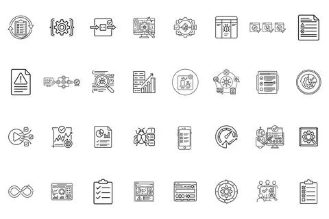 Set of software testing and quality assurance line icons Illustrazione stock