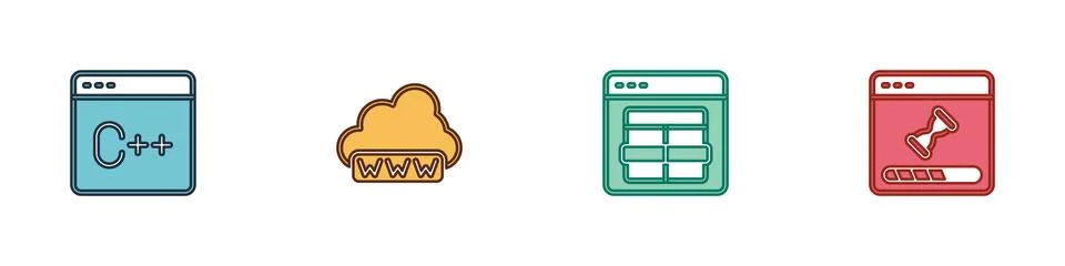 Set Software, Web development, MySQL code and Loading data window icon. Vector Stock Illustration