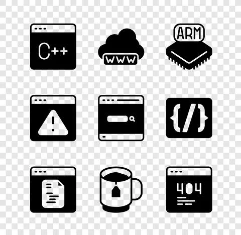 Set Software, Web development, Processor, Cup tea with tea bag, Page 404 error Ilustración de archivo