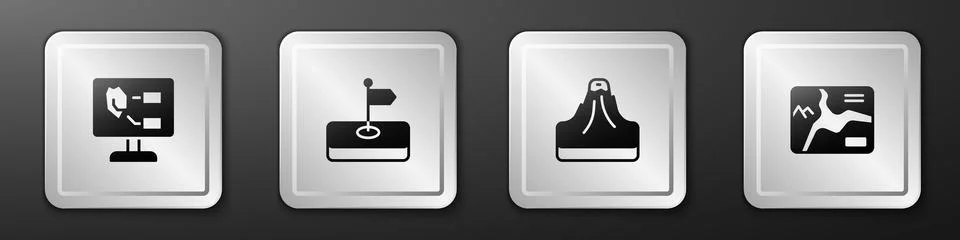Set Soil analysis, Flag, Volcano and Topographic map icon. Silver square button Illustrazione stock
