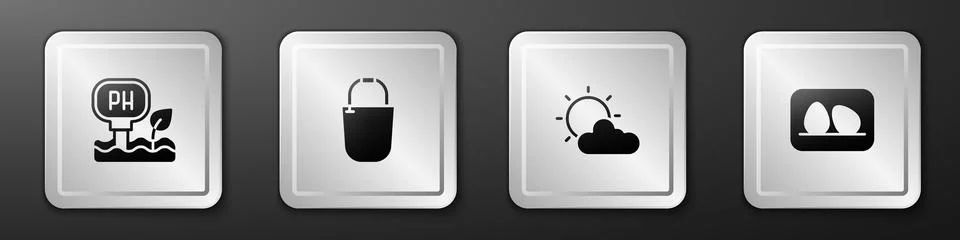 Set Soil ph testing, Bucket, Sun and cloud weather and Chicken egg icon. Silver Stock Illustration