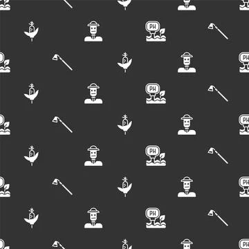 Set Soil ph testing, Garden hoe, Corn and Scarecrow on seamless pattern. Vector Stock Illustration