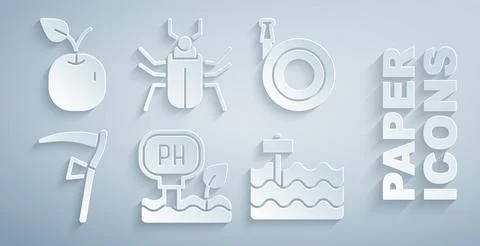 Set Soil ph testing, Garden hose, Scythe, bed, Insect fly and Apple icon. Vector Stock Illustration