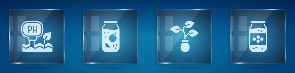 Set Soil ph testing, Jam jar, Plant and Jar of honey. Square glass panels. .. Illustrazione stock