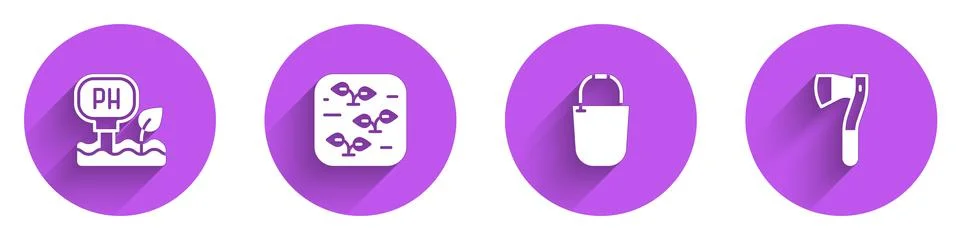 Set Soil ph testing, Plant, Bucket and Wooden axe icon with long shadow. Vector Stock Illustration