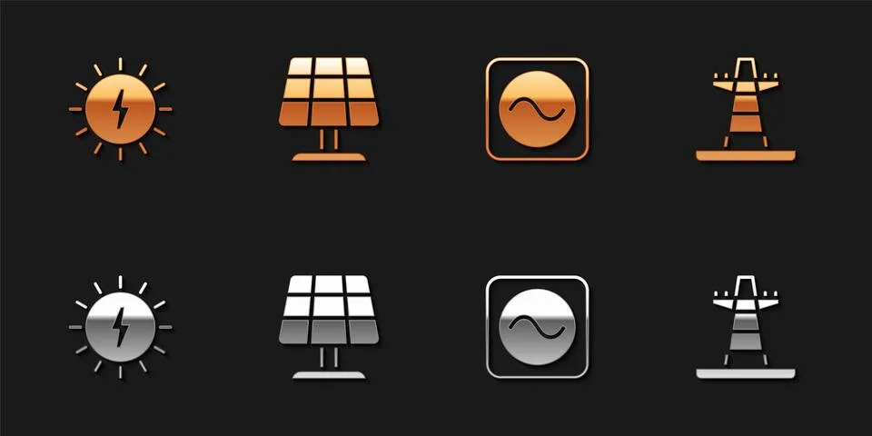 Set Solar energy panel, AC voltage source and Electric tower line icon. Vecto Stock Illustration